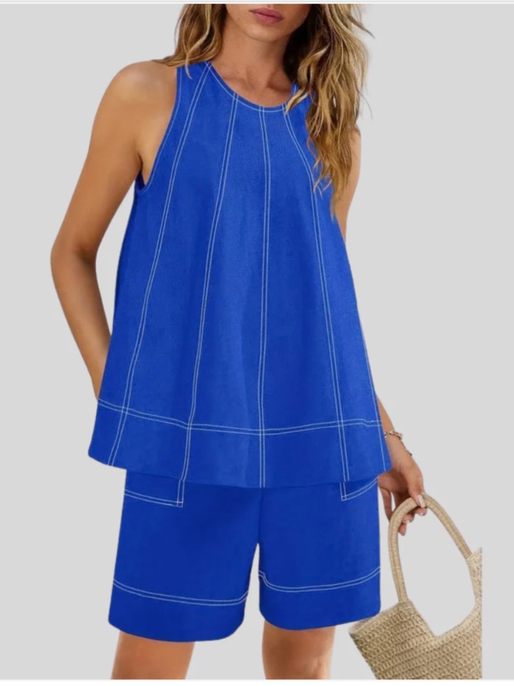 Sleeveless Blue Tank Top w/ White  Stitching and Matching Shorts Outfit 2 Piece